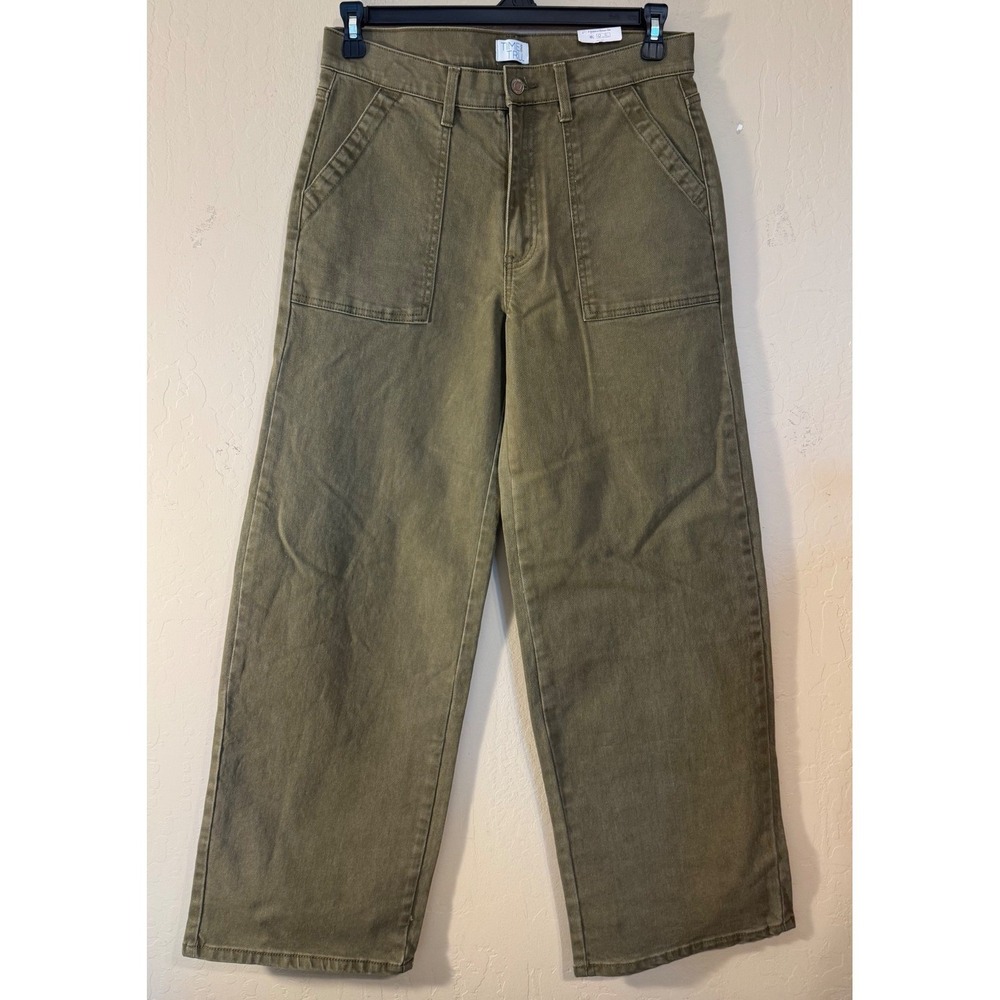 Time and Tru Utility Trousers Women 10 Green High Rise Wide Leg Pants NEW